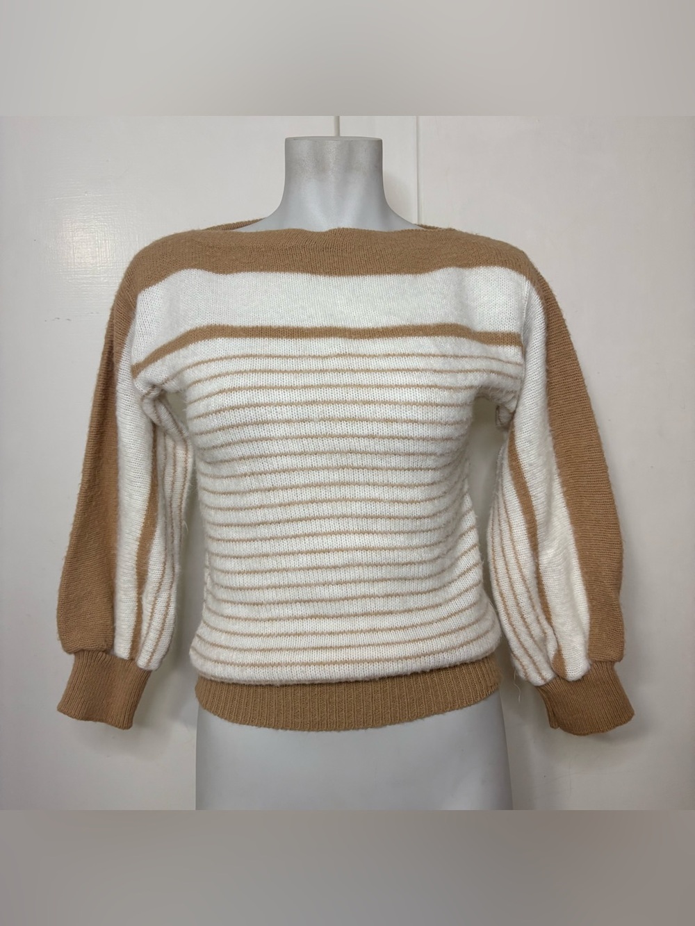 Vintage 80s Spunky Tan White Striped Colorblock Boatneck Sweater